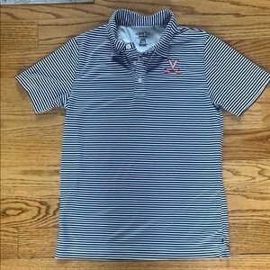 UVA stitched logo Golf Shirt. Navy and white striped. Dry fit material